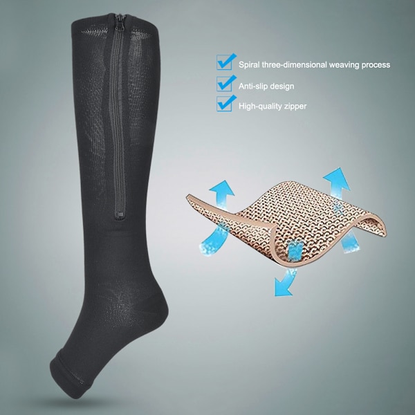 1 par lynlås mellem læglængde sok kompressionsstrømper Slanke leggings Stretch sokker åben tå (sort l XL)