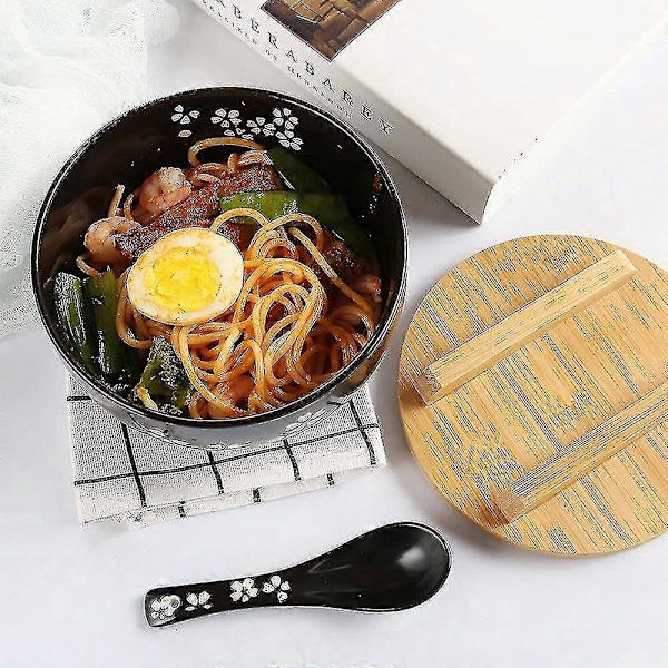 Ramen Skål Set, Japanska Ramen Nudel Skålar Med Lock och Sked, Stor Keramisk Soppskål, Svart Handritad Risskål Retro Porslin Nudelskål 6.5 Tum