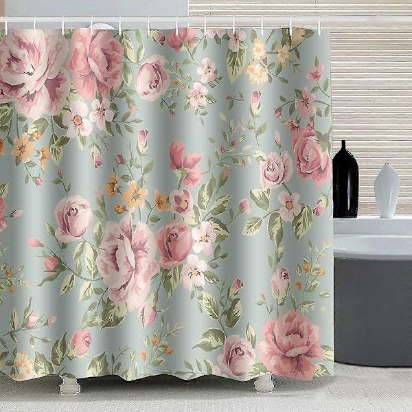 Pink Rose Blomster Bruseforhæng med 12 Kroge Grønt Vandtæt Skimmelsikkert Stof Forhæng til Badeværelse 180x180cm