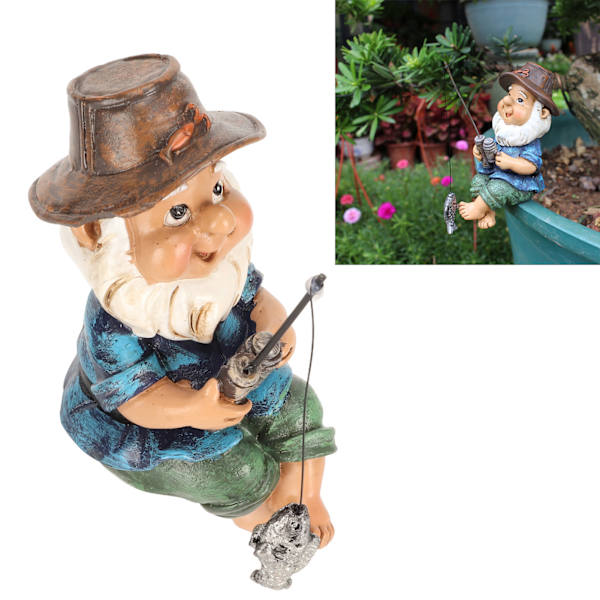 Fishing Gnome Sitter hauska UV-kestävä hartsi koristeellinen ulkopuutarha nurmikon tonttu pihalle