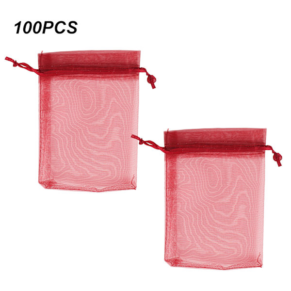 100 kpl Organza Laukut 10x15cm Läpinäkyvä kiristysnyöri Lahjakassit Mesh Kannettavat korulaukut Kiristysnyöri hääpunaiselle
