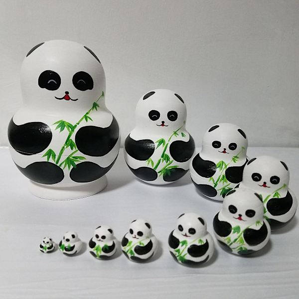 Käsintehty 10-osainen panda-pesä- set - venäläinen Matryoshka-nukkesarja