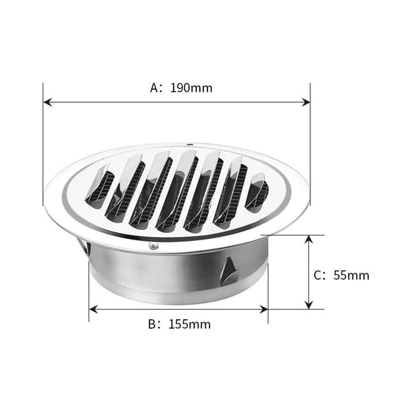 190 mm rund ventilationsrist i rustfrit stål til aftræk, køkken, badeværelse (190 mm)