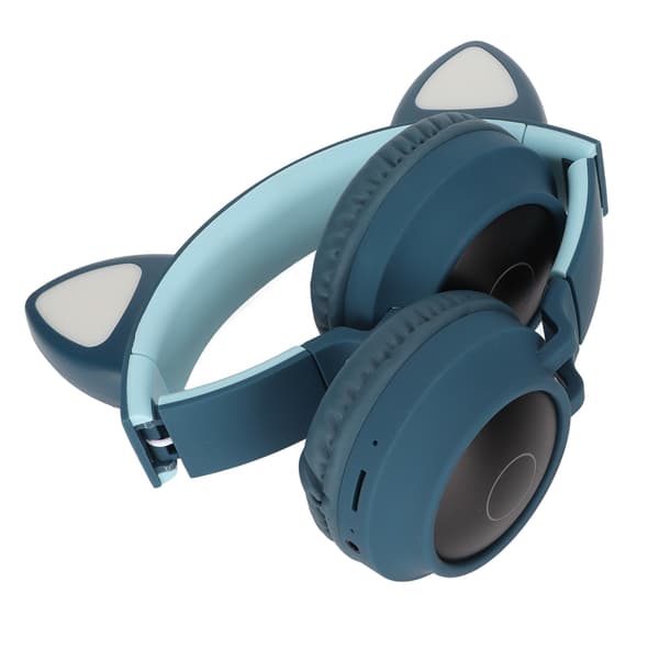 Gaming-hovedtelefoner med katteører, dyb bas, LED-lys, foldbare, søde katteøre-headset med bløde ørepuder, blågrøn