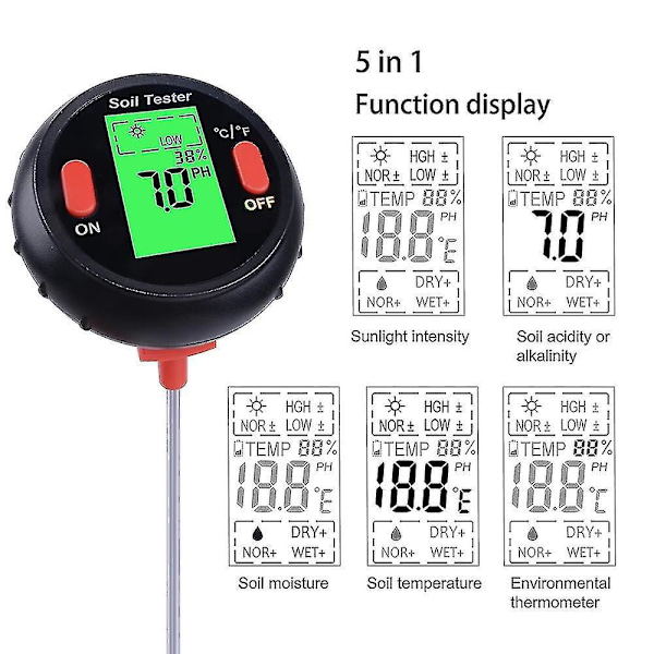 Digital 5-i-1 Jord pH-tester med Fugtighed, Temperatur, Sollys og Fugtighedsniveauer - Stort Baggrundsbelyst LCD-display