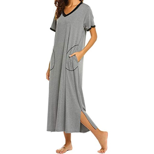Nattlinne för damer V-ringad Kortärmad Babydoll T-shirt Lång Morgonrock med Fickor Mjukt och Bekvämt Sovplagg, Grå, XL