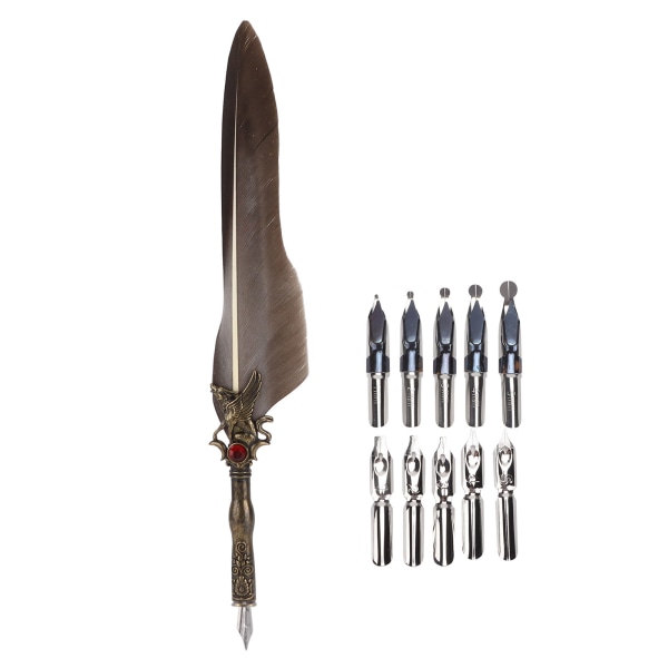 Feather Pen Craft Retro snidad rostfritt stål Dip Penna för Signatur presentbordsdekoration (Gråsvart)
