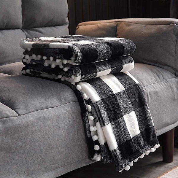Fleece Tæppe med Kvaster, Sort og Hvid Plaid Buffalo Flanel Plaid til Sofa Seng Egnet til Alle Årstider (130x150cm)