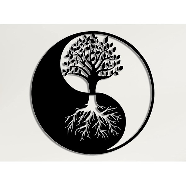 Yin Yang Livets Tre Metallveggdekor - 30x30 cm Svart