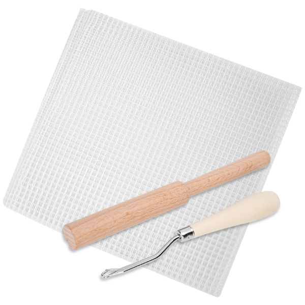 Mesh stof DIY håndlavet tæppe vævet gitterstof materiale 50x50cm træhåndtag hækling
