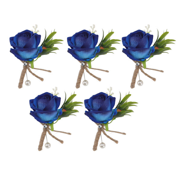 5 stk bryllupsknapphullsbrosje med fast nål i plast, kunstig blomsterkorsasj for brud og brudgom, blå