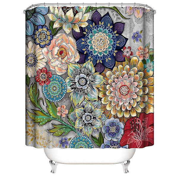 Farverig Blomster Bruseforhæng - 180x200 cm - Vaskbar & Vandtæt - Anti-Mould - 12 Ringe - Rød Grøn Blå Brun Gul