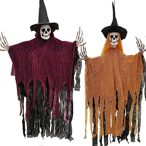 2 Pakke Halloween Hengende Skjelett Spøkelse Dekorasjoner 45.6 Skumle Grim Reaper med Hatt for Halloween Innendørs Utendørs Dekor Haunted House Skull Ghos