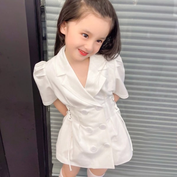 Kids Dress Children Short Sleeves Dress Girls Button Front Dress Drawstring Waist Slimming Dress White 43.3in