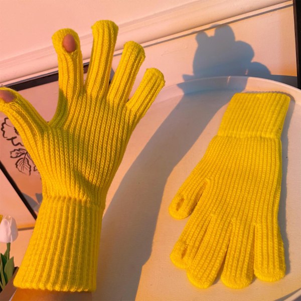 Vinterhandskar 2 fingrar exponerad design akryl fleece enfärgad lång vinter stickade handskar för utomhus inomhus gul