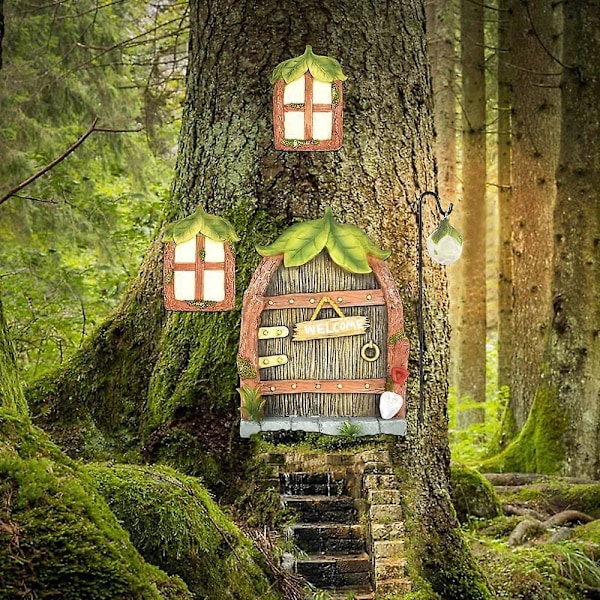 Reforung 4 stk. Miniature fe dør Miniature statuer Fe Gnome Fe Have Dør Fe Vindue Miniaturer Lysende Fe Dør Træ Have Dekoration