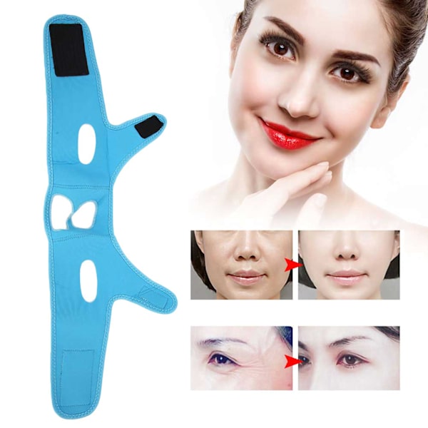 Ansiktsbantningsbandage Andningsbart VLine Lift Up-bälte DoubleChin Reducer-bälte (blå medelstorlek)