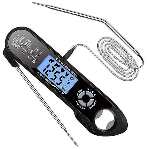 Kjøkkentermometer, Grilltermometer, Matlagingstermometer med Øyeblikkelig Avlesning, Kjøtttermometer, med 2 Lange Prober og LCD-Skjerm, for Grill, Mat, Kjøtt