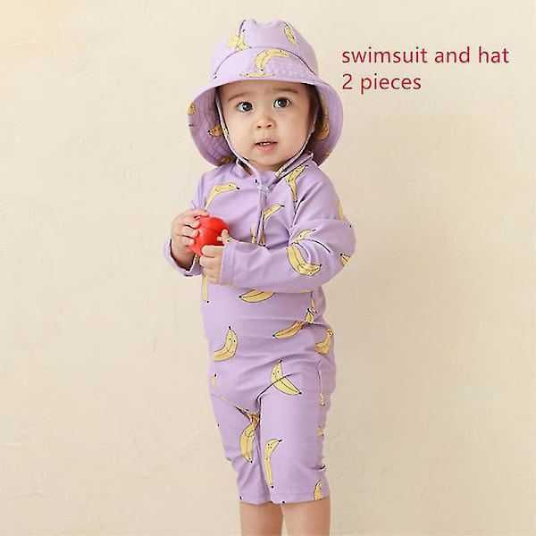 Quick Dry Kids One Piece Swimsuit - Sunproof Surf Suit for Boys and Girls 3-4Yrs purpelbanan with hat