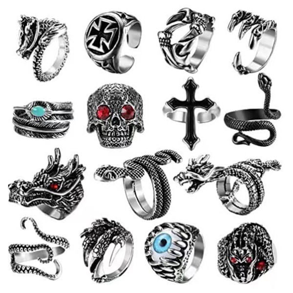 15 stk Ringe Sæt Vintage Slange Kranieformet Juster Åbning Legering Smykker Ringe til Kvinder Mænd