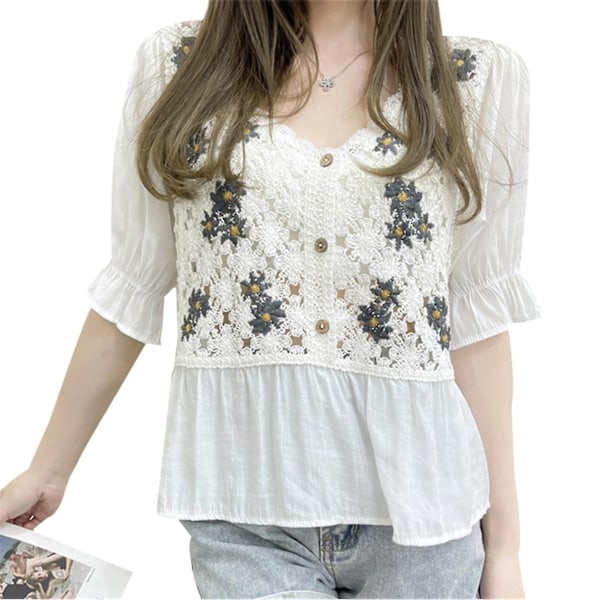 Brodert heklet hullet bomullsbluser for kvinner sommer