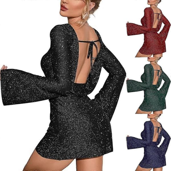 Dame Backless Flæseærme Glitrende Mesh Mini Kjole Chic Og Glamourøs XXL Red