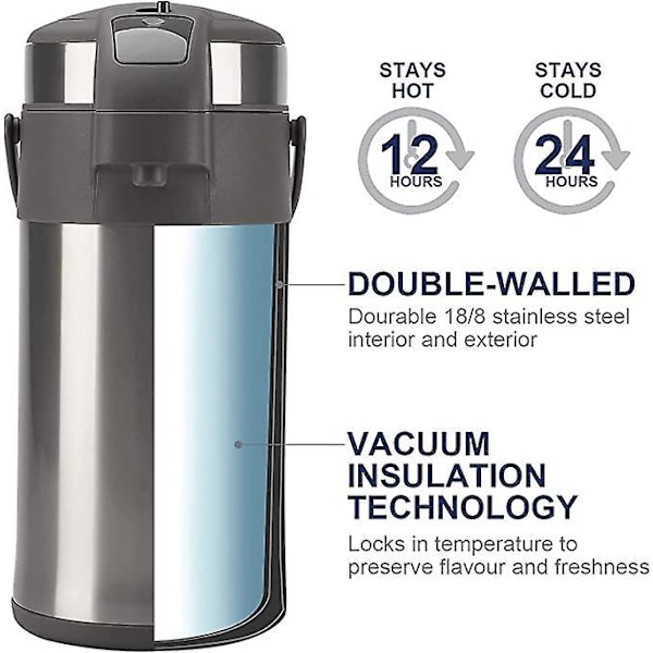 Kaffeflaska - 3L Isolerad med Pump - BPA-fri Rostfri Vakuum Termos Dryckesdispenser
