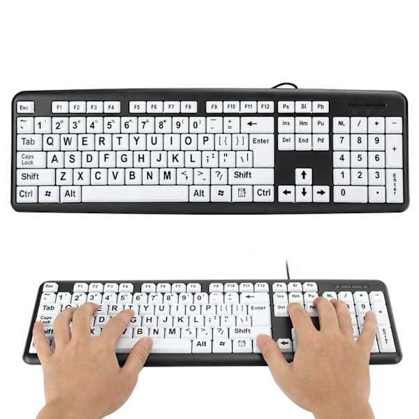 Svart lavsynt tastatur USB-kablet Gamle-tastatur med hvite, store trykk-taster, svart