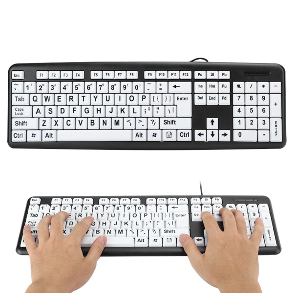 Svart Low Vision-tangentbord USB trådbundet gamlingtangentbord med vita print Svart