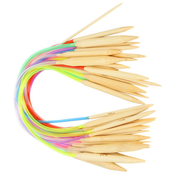 18-osainen pyöröpuikkosetti, kaksiteräinen, bambu, värillinen, joustava putkiliitäntä, neulontatyökalusarja (40 cm)