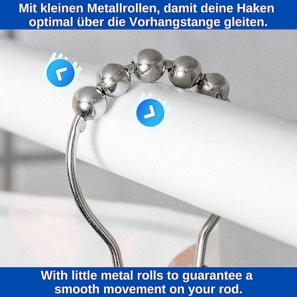 Duschdraperiringar i rostfritt stål - Set om 12, kraftig metall, 7 cm diameter