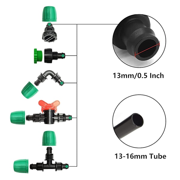 Tiputuskastelulaitteen letkuliittimet, 6 kpl 1/2\" (13-15mm) kastelulaitteen letkun T-liittimiä, maatalouden kastelu