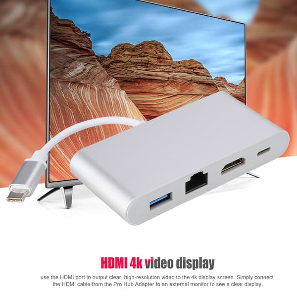 4-i-1 Multifunktionell Typ C till USB3.0+RJ45+HDMI+PD-omvandlare 4K Videoadapterhubb