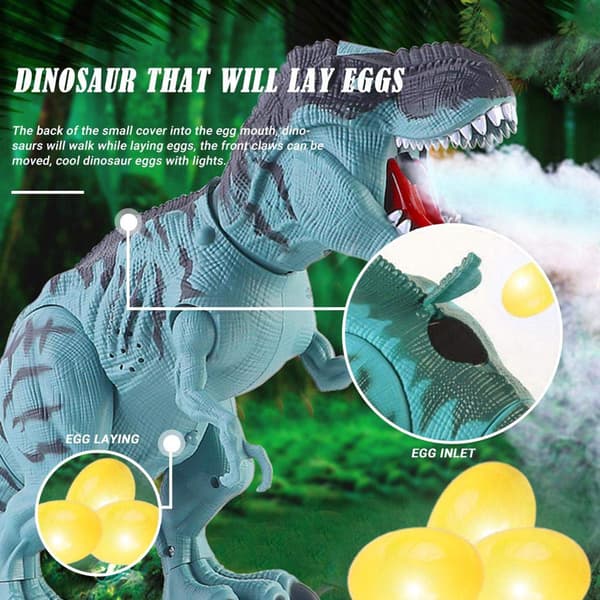 Elektronisk gående dinosaur med projeksjon, spraytåke og eggleggende dinosaurleke