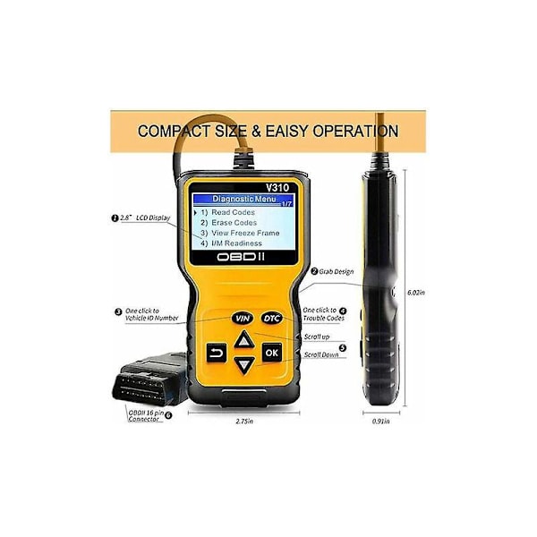 OBD2 Scanner Universal OBD II Scanner Bilmotor Felkodsläsare CAN Diagnostiskt Skanningsverktyg för OBDII Protokoll Bilar sedan 1996 (Gul)
