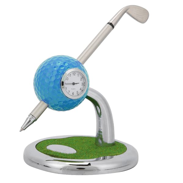 Golfboldpenholderstativ med pen og ur skrivebordsindretning golfgave (blå)