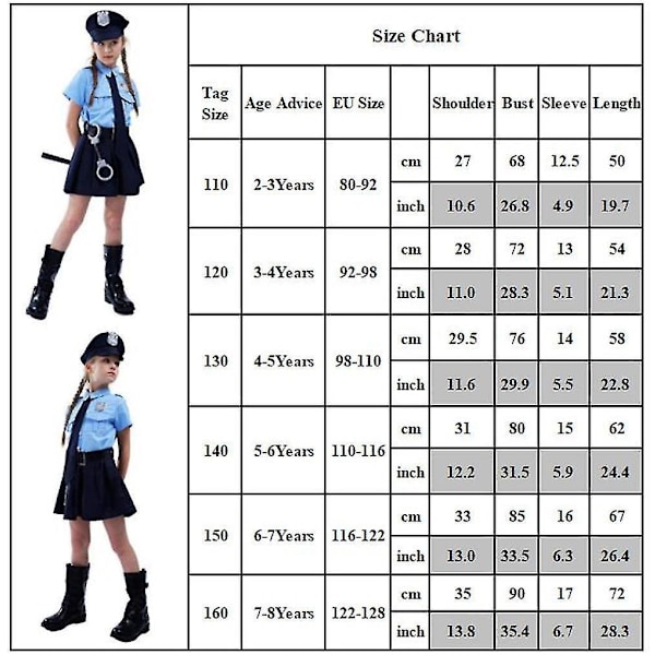 Tyttöjen poliisiasu Halloween-pukeutumiseen iäille 4-5