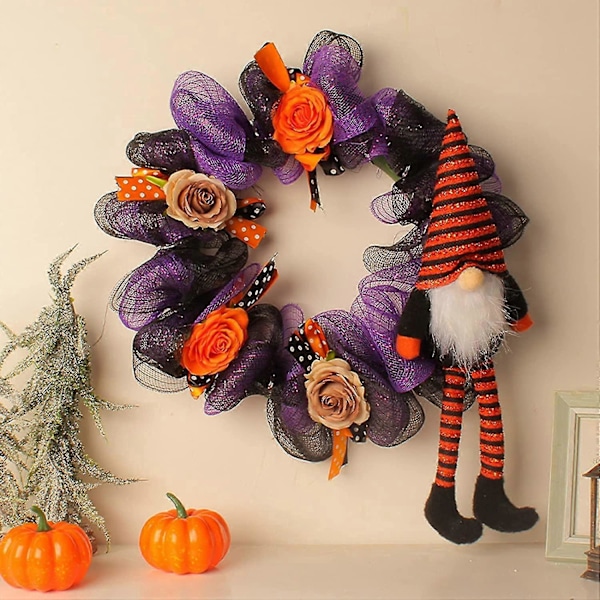15,8 tuuman Halloween-verkkokranssi etuoveen, Halloween-pitkäjalkainen noita-tonttukranssi kurpitsalla, ruusulla ja pilkkunauhoilla -CHSZ