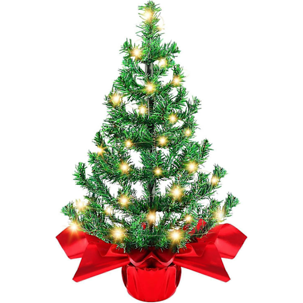 Liten Julgran, Konstgjord Mini Julgransprydnad för Skrivbord med Böjbara Grenar LED-slingor Blomkruka Tygband för Hemmakontor