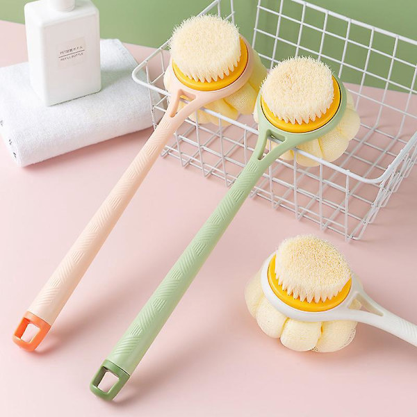 Eksfolierende kroppsbørste med bust og loofah, langt buet håndtak, dusj- og massasjebørste, våt eller tørr bruk