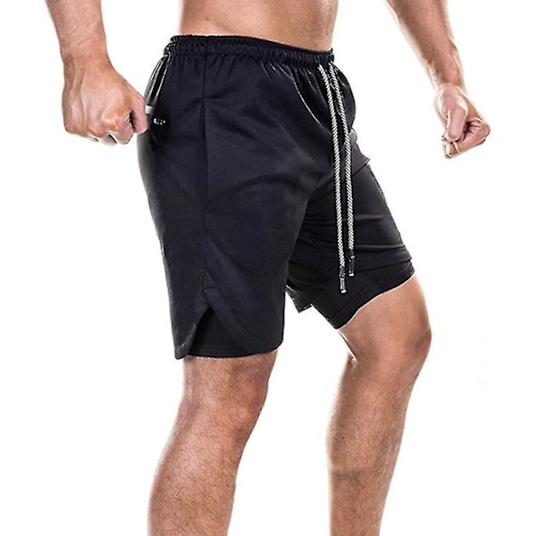Løpeshorts for menn: Lett 2-i-1 treningshorts for gym, hurtigtørkende, XL, svart