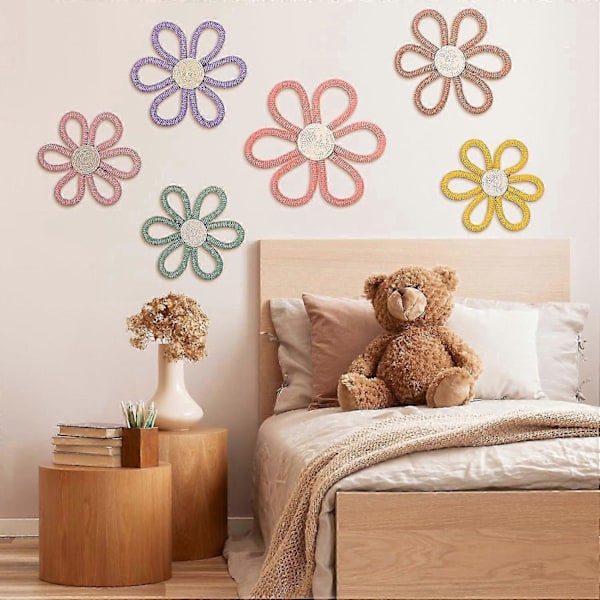 6 st Boho Barnrumsinredning, Tusensköna Blomma Vävd Makramé Väggbonad, 3 Storlekar Bohemisk Väggdekor Tusensköna Barnrumsinredning för Barn Barnrum Sovsal Väggkonst