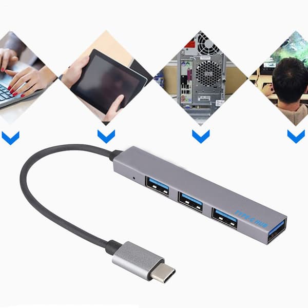 Aluminium magnesiumlegering Typ C till USB2.0 4-portars hubbadapter stöder OTG-funktion (grå)