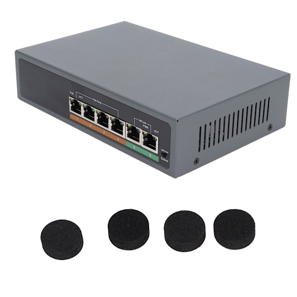 POE-switch IEEE802.3af/at 100 Mbps Lille kompakt lydløs stationær ventilatorløs 6 porte POE-switch til adgangspunkt 100-240VUK-stik