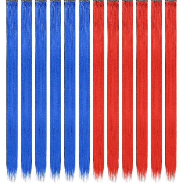 55 cm lange rett røde og kongeblå fargede syntetiske hårforlengelser - 12 stykker