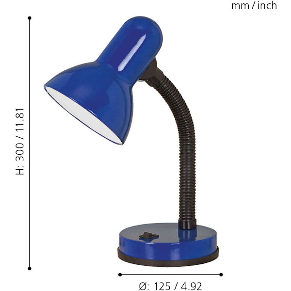 Dybblå-Basic sengebordslampe, skrivebords- og læselampe i stål og sort plastik, fatning