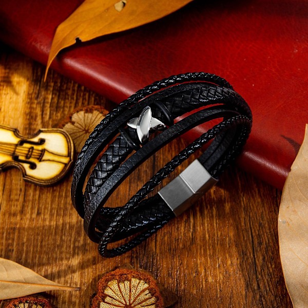 Högkvalitativt Läderarmband för Män | Svart med Magnetisk Rostfritt Stålspänne | Exklusiv Smyckeskrin | Perfekt Presentval
