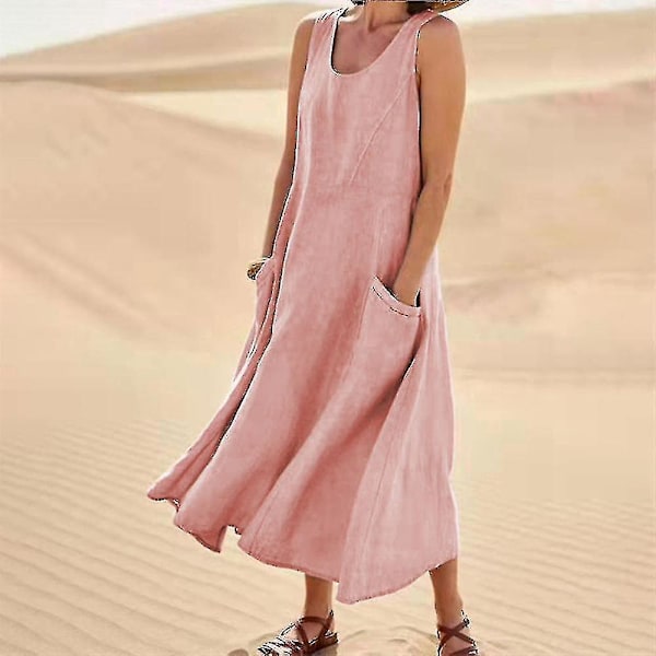 Ærmeløs Pink Bomulds-Linned Kjole med Lommer - Boho Strand Stil