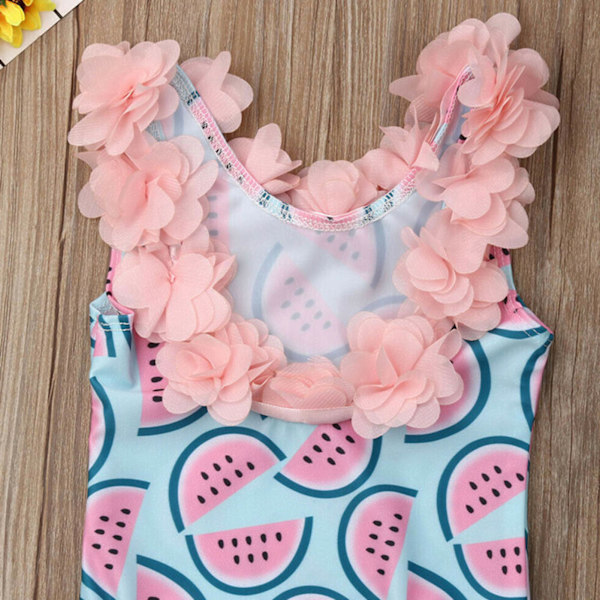 Barnens badkläder Vattenmelontryck med 3D-blommor Dekor En del flickors baddräkt för strand Rosa och blå 120cm/47.2in