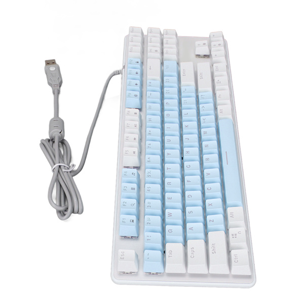Mekanisk spilltastatur 87 nøkkel blå bryter RGB bakgrunnsbelysning USB kablet mekanisk tastatur for PC Bærbar stasjonær datamaskin Blå Hvit